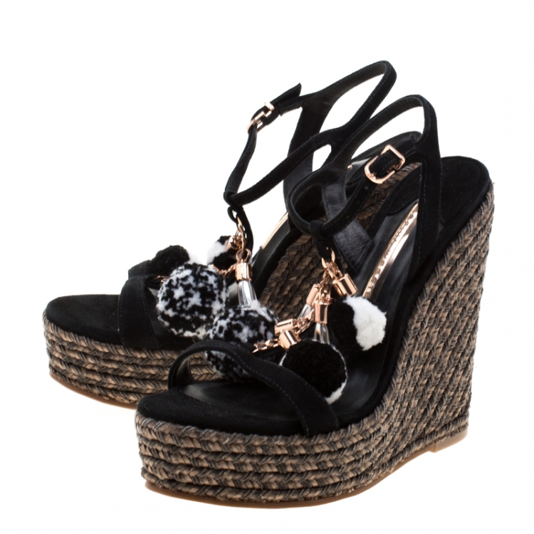 Pre Owned Sophia Webster Black Suede Pom Pom Lucita Espadrille Wedge Size 37.5