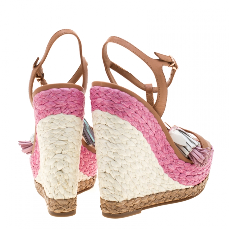 Pre Owned Sophia Webster Brown Leather Lucita Tassel Detail Espadrille Wedge Sandals Size 35.5