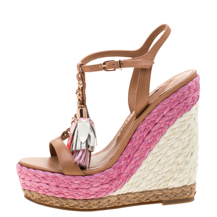 Pre Owned Sophia Webster Brown Leather Lucita Tassel Detail Espadrille Wedge Sandals Size 35.5