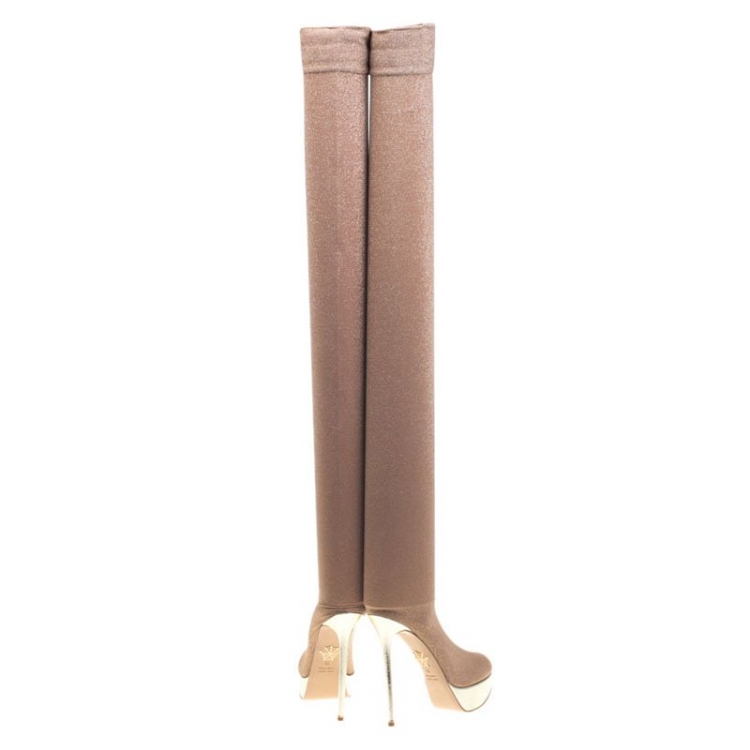 Pre Owned Charlotte Olympia Beige Glitter Jersey More Is More Thigh High Platform Boots Size 36.5