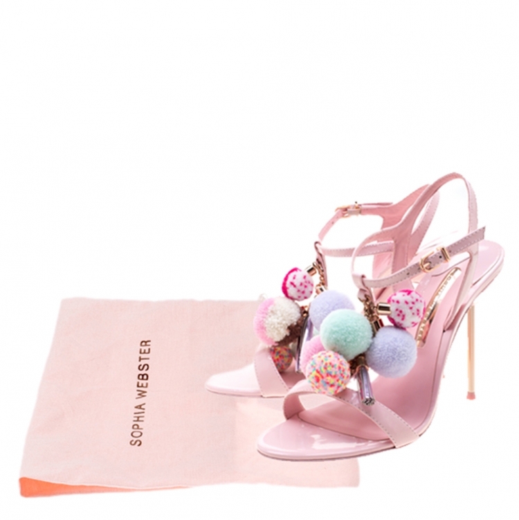Pre Owned Sophia Webster Pink Leather Layla Pom Pom Embellished T-Strap Sandals Size 36.5