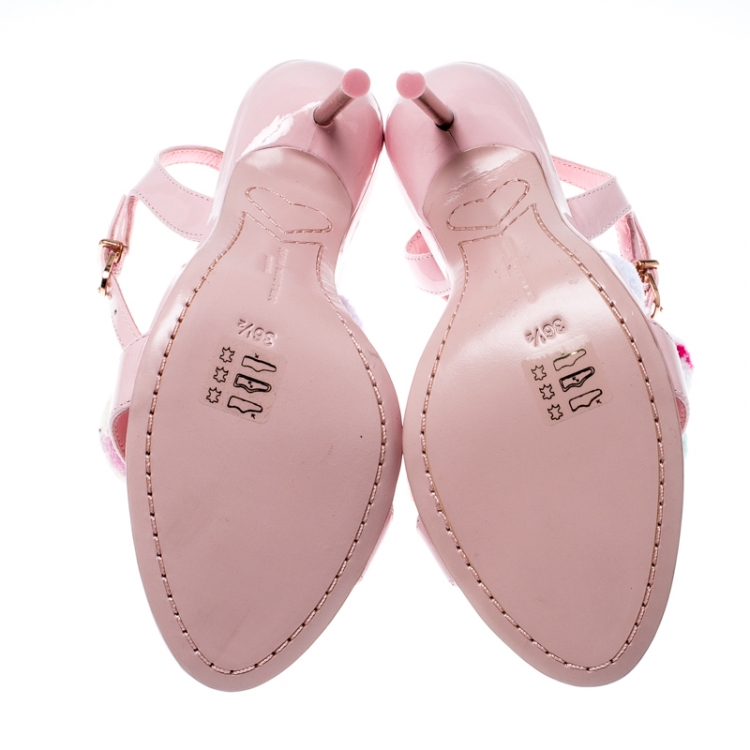 Pre Owned Sophia Webster Pink Leather Layla Pom Pom Embellished T-Strap Sandals Size 36.5