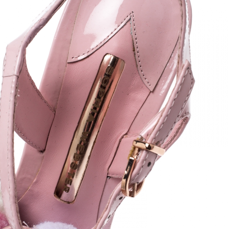 Pre Owned Sophia Webster Pink Patent Leather Layla Pom Pom Embellished T-Strap Sandals Size 38.5