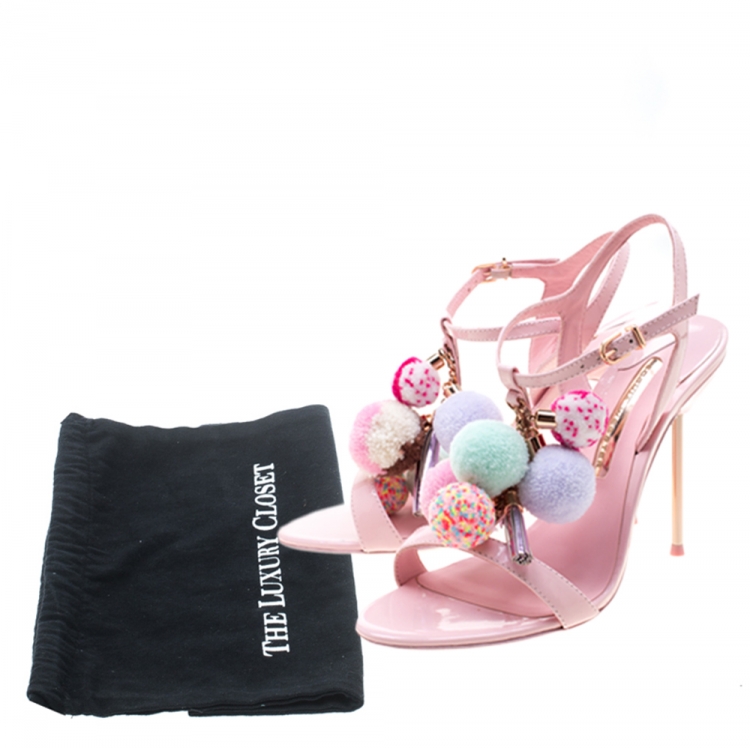 Pre Owned Sophia Webster Pink Patent Leather Layla Pom Pom Embellished T-Strap Sandals Size 38.5