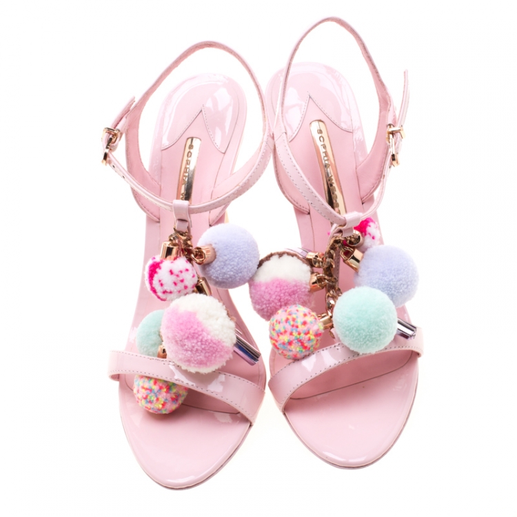 Pre Owned Sophia Webster Pink Patent Leather Layla Pom Pom Embellished T-Strap Sandals Size 38.5
