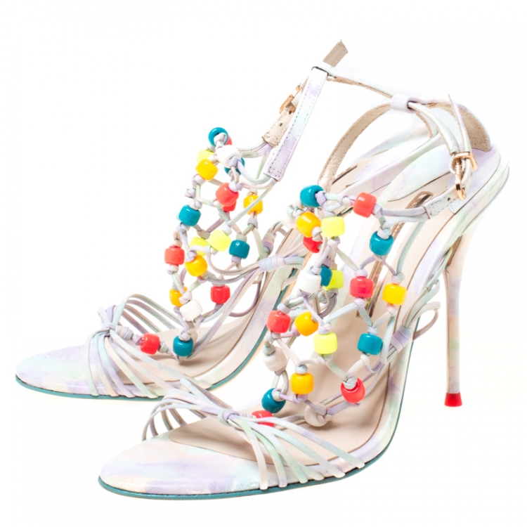 Pre Owned Sophia Webster Multicolor Strappy Leather Arielle Beaded Caged Sandals Size 39.5