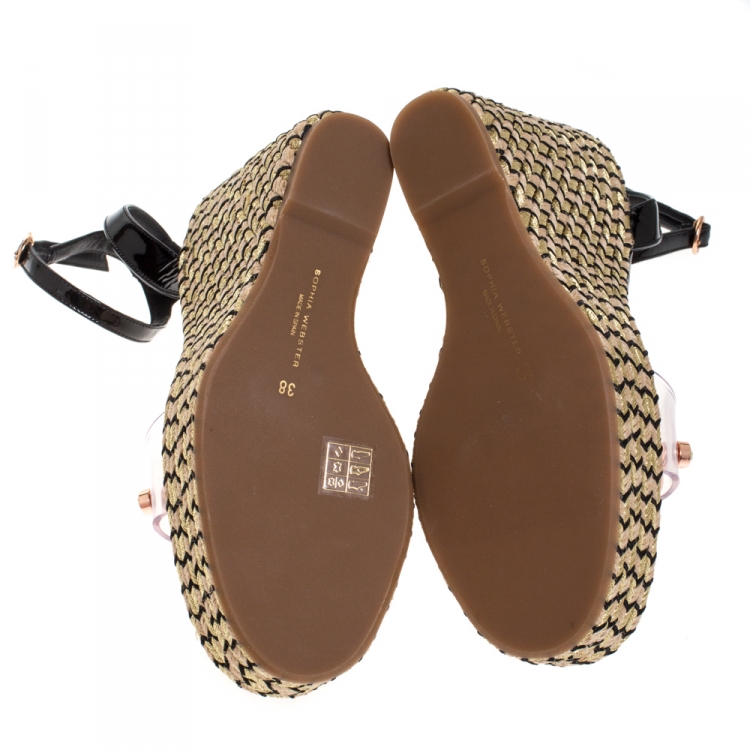 Pre Owned Sophia Webster Black Patent Leather And PVC Dina Crystal Studded Wedge Espadrille Platform Ankle Strap Sandals Size 38