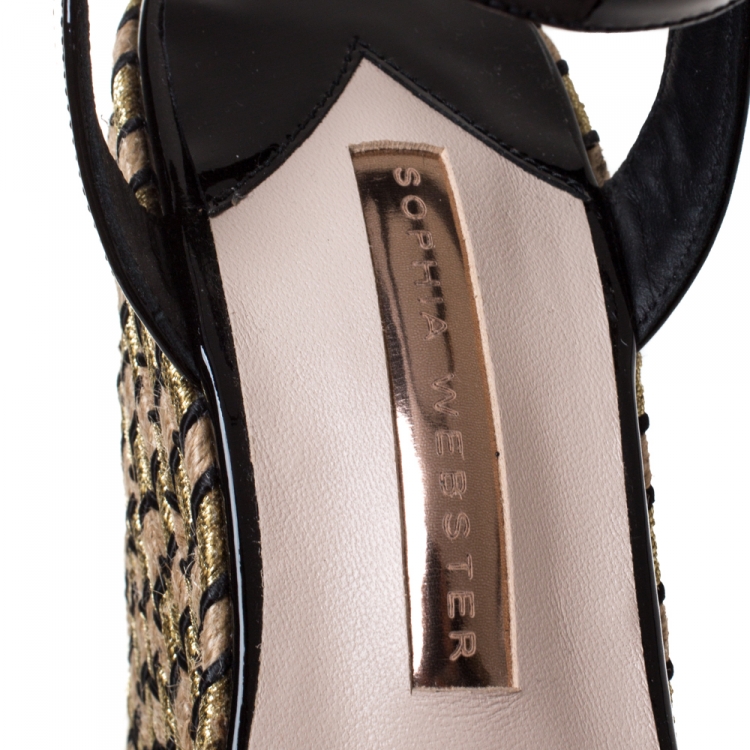 Pre Owned Sophia Webster Black Patent Leather And PVC Dina Crystal Studded Wedge Espadrille Platform Ankle Strap Sandals Size 38