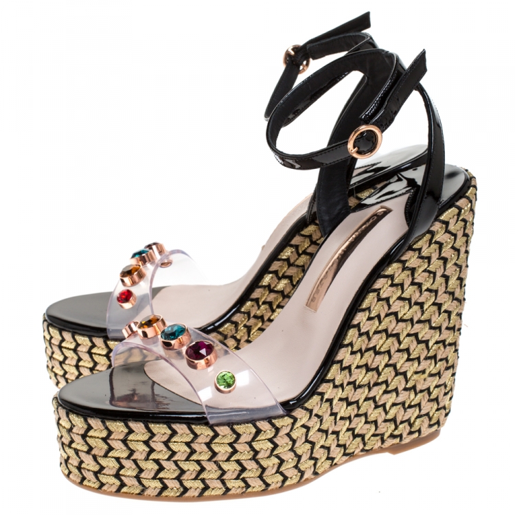 Pre Owned Sophia Webster Black Patent Leather And PVC Dina Crystal Studded Wedge Espadrille Platform Ankle Strap Sandals Size 38