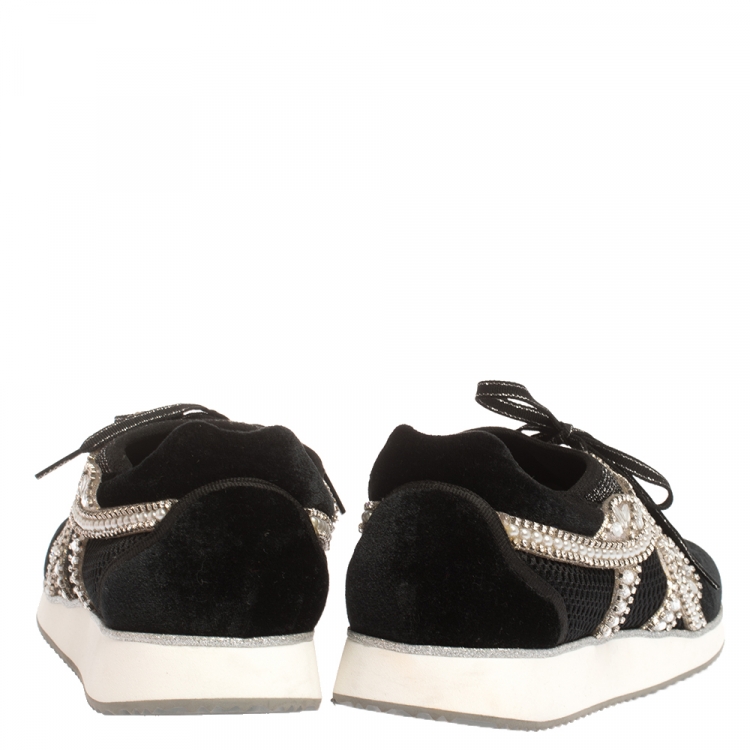 Pre Owned Sophia Webster Black Velvet/Mesh and Embellishment Royalty Low Top Sneakers Size 41