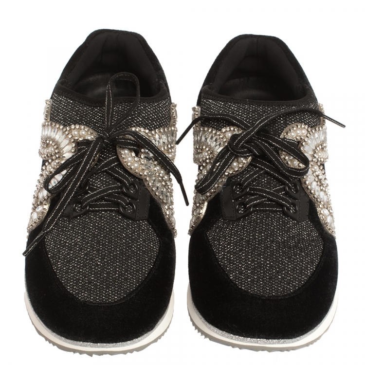 Pre Owned Sophia Webster Black Velvet/Mesh and Embellishment Royalty Low Top Sneakers Size 41