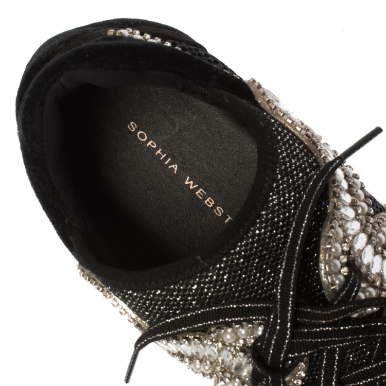 Pre Owned Sophia Webster Black Velvet/Mesh and Embellishment Royalty Low Top Sneakers Size 41