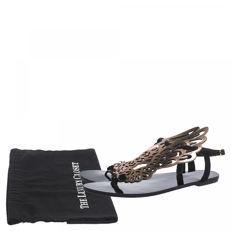 Pre Owned Sophia Webster Black Suede And Rose Gold Leather Seraphina Angel Wing Flats Size 40