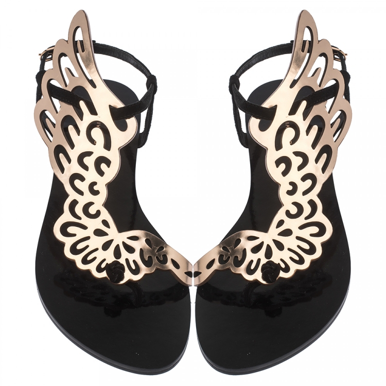 Pre Owned Sophia Webster Black Suede And Rose Gold Leather Seraphina Angel Wing Flats Size 40
