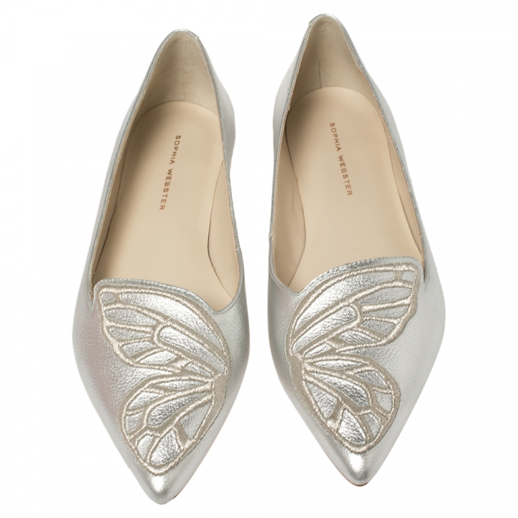 Pre Owned Sophia Webster Silver Leather Bibi Butterfly Flats Size 38.5