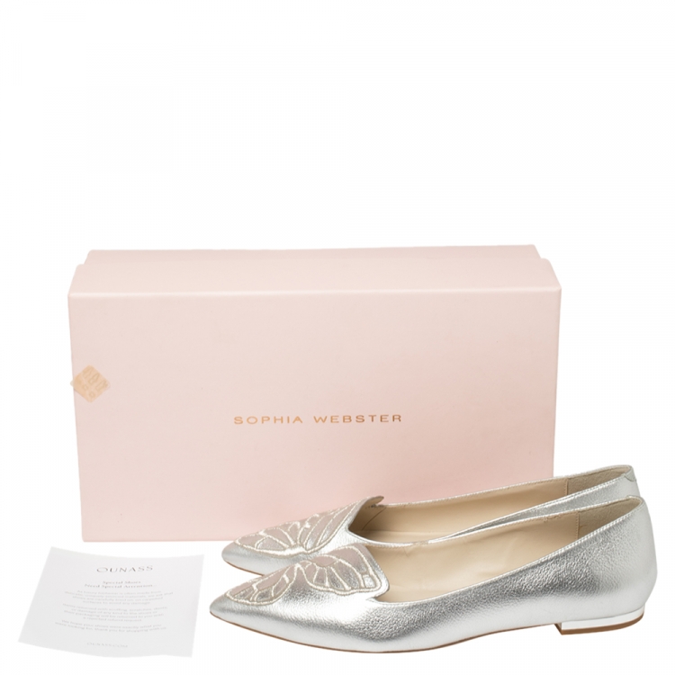 Pre Owned Sophia Webster Silver Leather Bibi Butterfly Flats Size 38.5