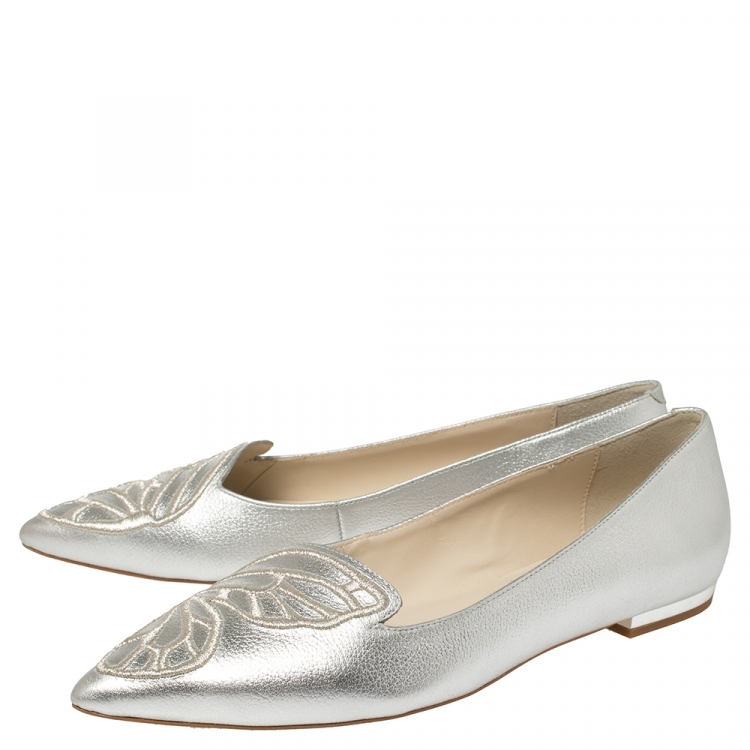 Pre Owned Sophia Webster Silver Leather Bibi Butterfly Flats Size 38.5