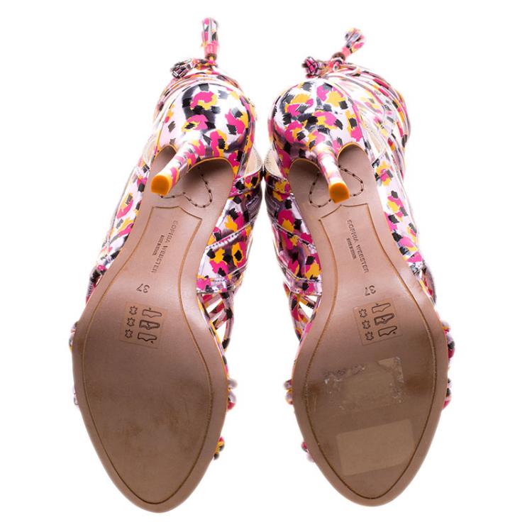 Pre Owned Sophia Webster Metallic Multicolor Printed Leather Lacey Tie Up Sandals Size 37