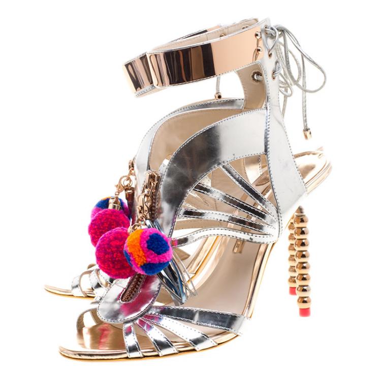 Pre Owned Sophia Webster Metallic Silver Mirrored Leather Yasmina Pom Pom Embellished Sandals Size 40.5