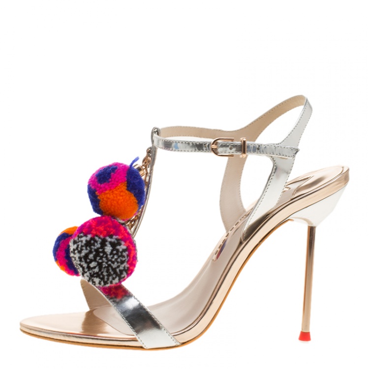 Pre Owned Sophia Webster Metallic Silver Leather Layla Pom Pom Embellished T-Strap Sandals Size 37.5