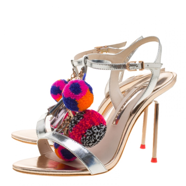 Pre Owned Sophia Webster Metallic Silver Leather Layla Pom Pom Embellished T-Strap Sandals Size 37.5