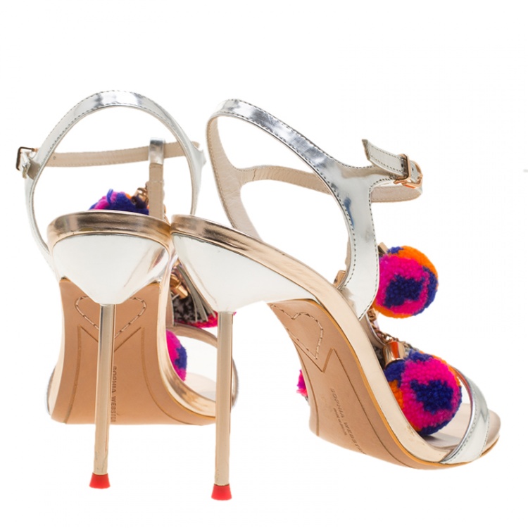 Pre Owned Sophia Webster Metallic Silver Leather Layla Pom Pom Embellished T-Strap Sandals Size 37.5
