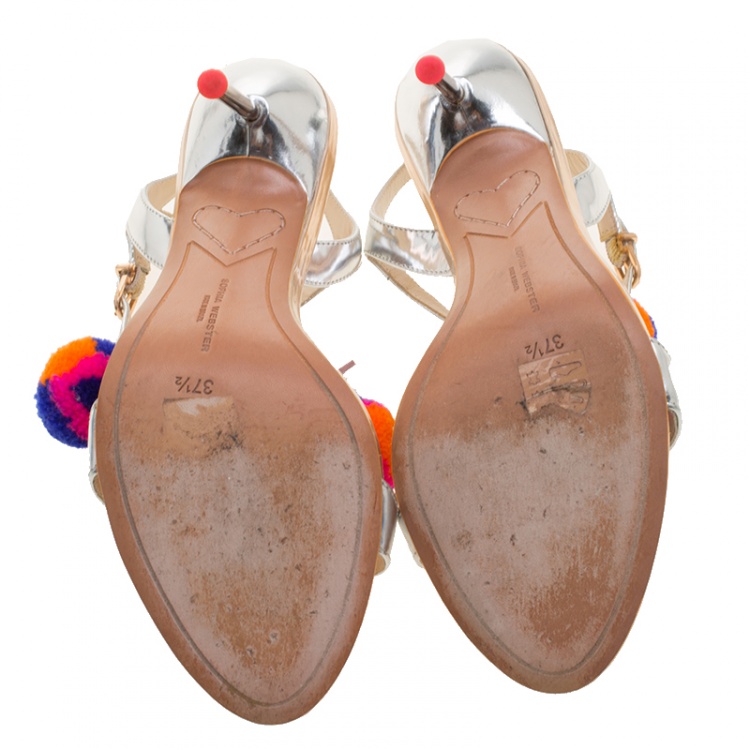 Pre Owned Sophia Webster Metallic Silver Leather Layla Pom Pom Embellished T-Strap Sandals Size 37.5