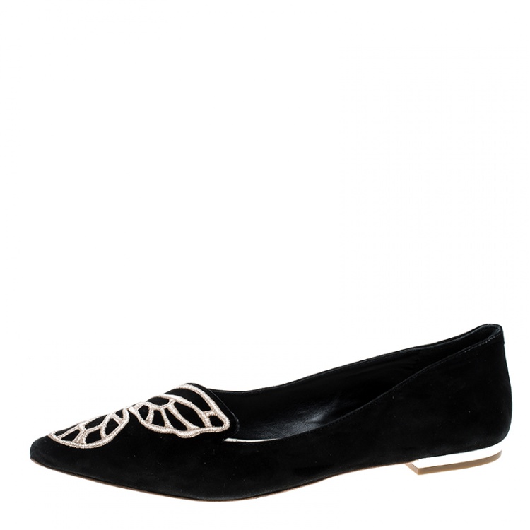 Pre Owned Sophia Webster Black Embroidered Suede Bibi Butterfly Pointed Toe Ballet Flats Size 37.5