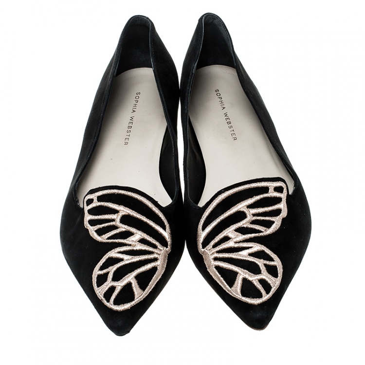 Pre Owned Sophia Webster Black Embroidered Suede Bibi Butterfly Pointed Toe Ballet Flats Size 37.5