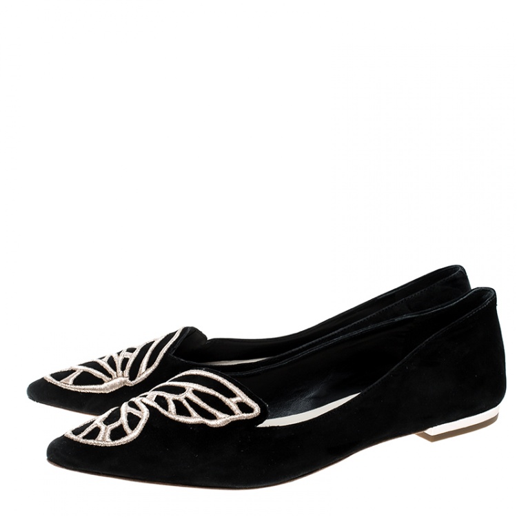 Pre Owned Sophia Webster Black Embroidered Suede Bibi Butterfly Pointed Toe Ballet Flats Size 37.5