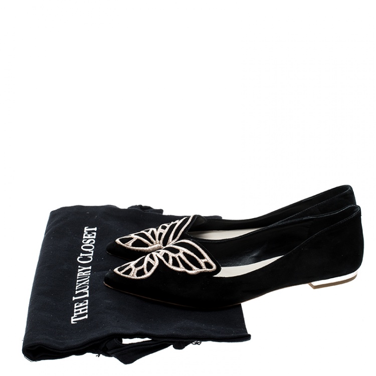 Pre Owned Sophia Webster Black Embroidered Suede Bibi Butterfly Pointed Toe Ballet Flats Size 37.5