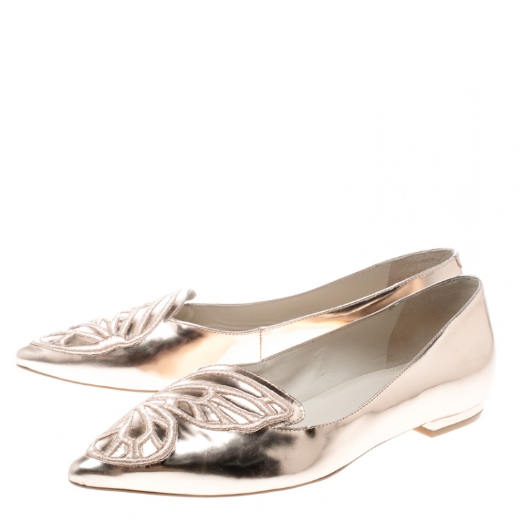 Pre Owned Sophia Webster Metallic Rose Gold Leather Bibi Butterfly Pointed Toe Ballet Flats Size 37