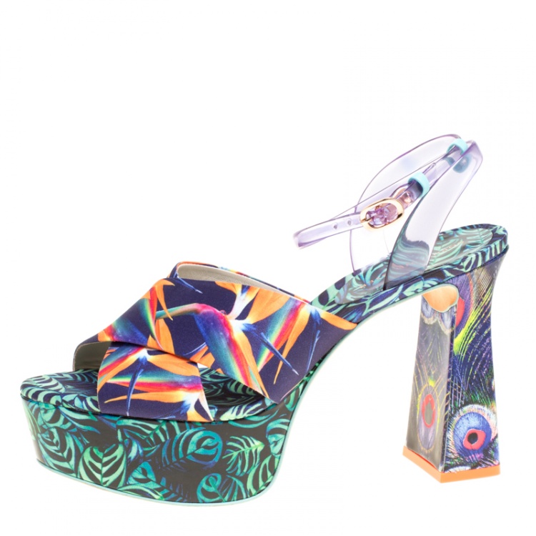 مملوكة مسبقًا Sophia Webster Multicolor Printed Satin and PVC Effie Cross Strap Platform Sandals Size 39