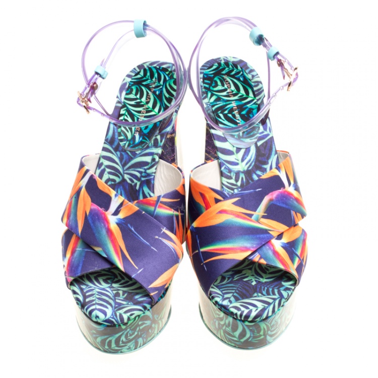 مملوكة مسبقًا Sophia Webster Multicolor Printed Satin and PVC Effie Cross Strap Platform Sandals Size 39
