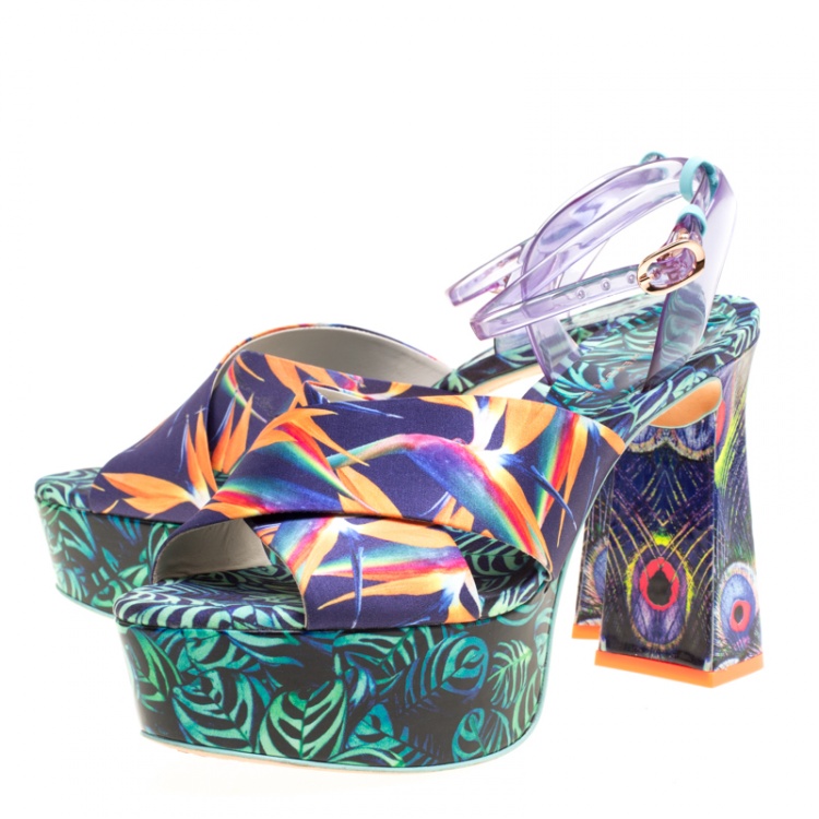مملوكة مسبقًا Sophia Webster Multicolor Printed Satin and PVC Effie Cross Strap Platform Sandals Size 39