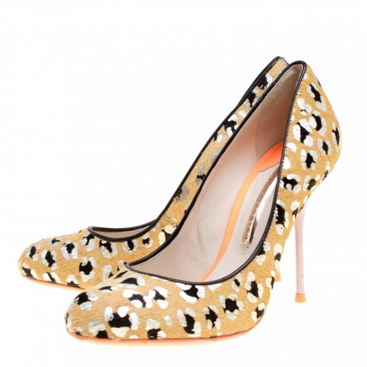 Pre Owned Sophia Webster Beige Black/Silver Animal Printed Calfhair Pumps Size 38