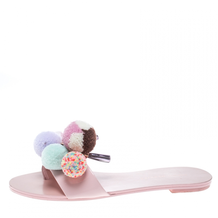 Pre Owned Sophia Webster Blush Pink Patent Leather Jada Pom Pom Flat Slide Sandals Size 37.5
