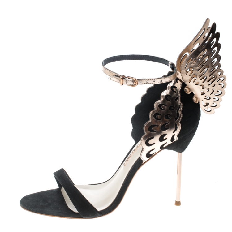 Pre Owned Sophia Webster Black Suede and Laser Cut Rose Gold Leather Evangeline Open Toe Sandals Size 41