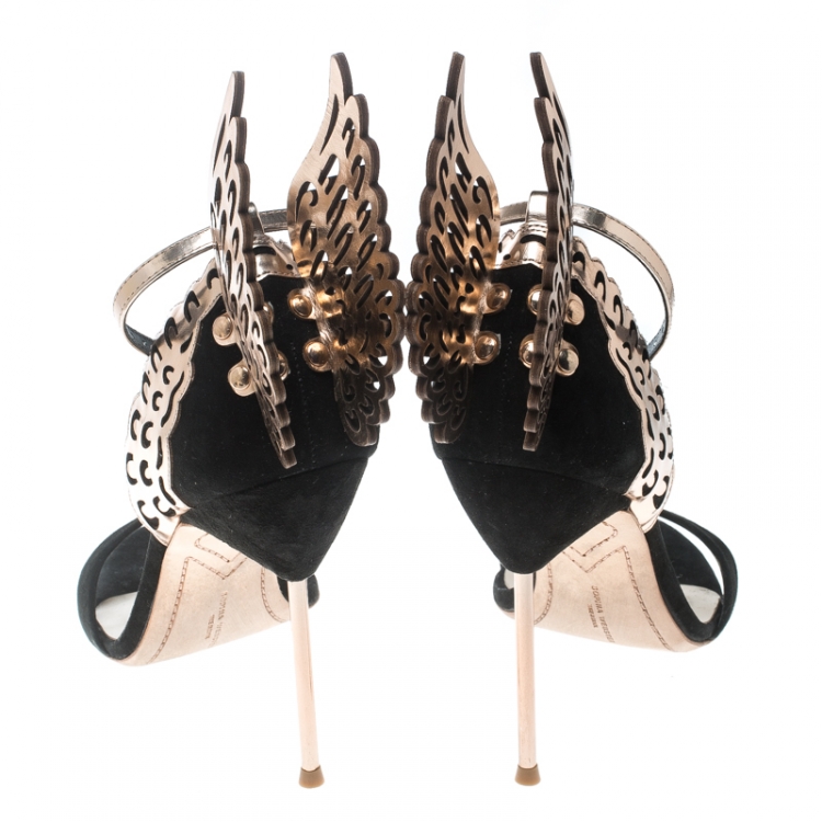 Pre Owned Sophia Webster Black Suede and Laser Cut Rose Gold Leather Evangeline Open Toe Sandals Size 41
