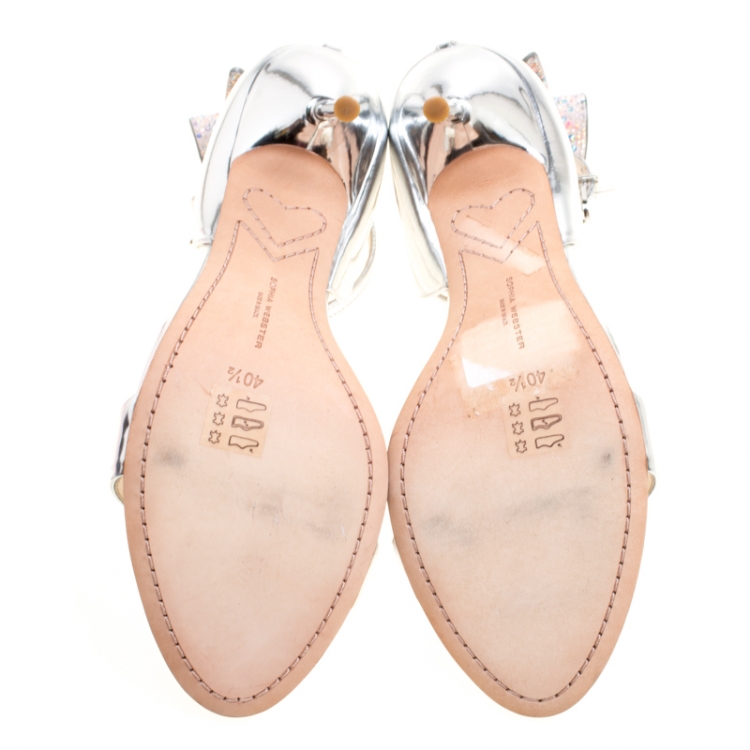 Pre Owned Sophia Webster Metallic Silver Leather Maya Crystal Embellished Bow Ankle Strap Sandals Size 40.5