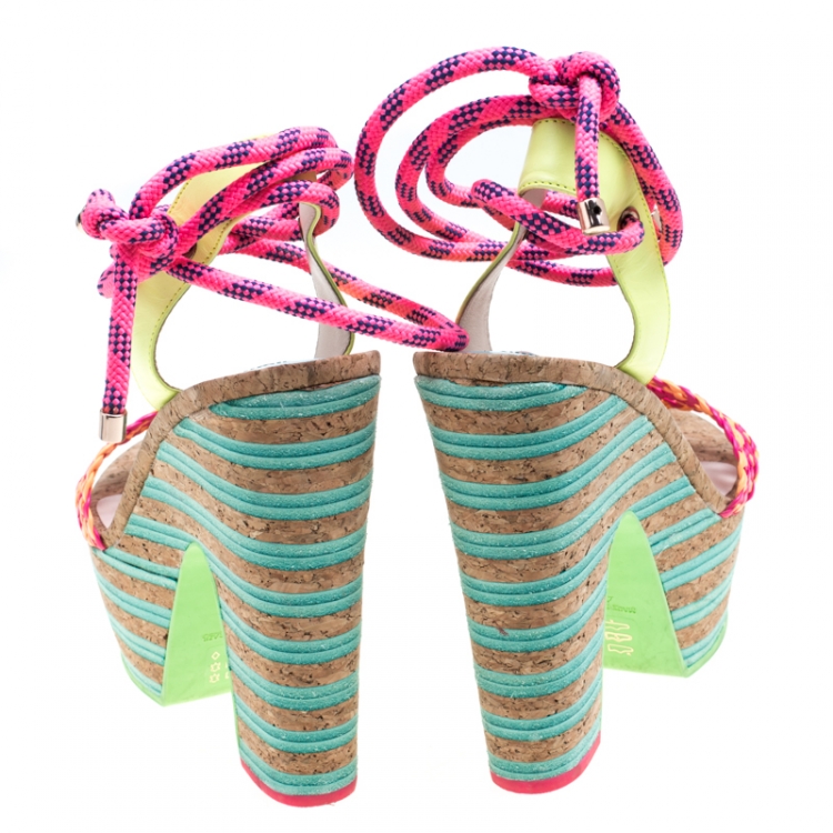 Pre Owned Sophia Webster Multicolor Braided Leather Jade Cork Platform Ankle Wrap Sandals Size 41