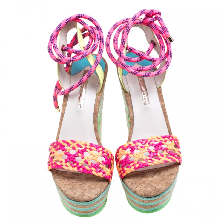 Pre Owned Sophia Webster Multicolor Braided Leather Jade Cork Platform Ankle Wrap Sandals Size 41