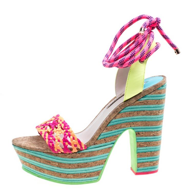 Pre Owned Sophia Webster Multicolor Braided Leather Jade Cork Platform Ankle Wrap Sandals Size 41