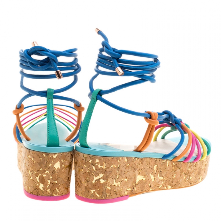 Pre Owned Sophia Webster Multicolor Leather Cord Copacabana Cork Platform Ankle Wrap Sandals Size 36