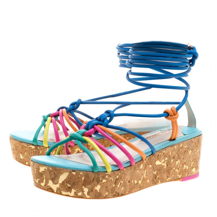 Pre Owned Sophia Webster Multicolor Leather Cord Copacabana Cork Platform Ankle Wrap Sandals Size 36