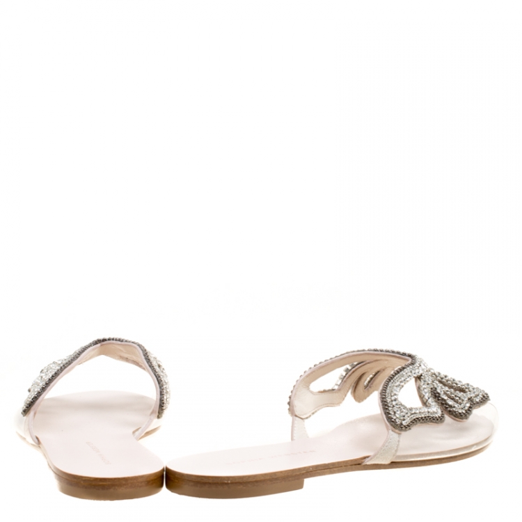 مملوكة مسبقًا Sophia Webster Beige Butterfly Crystal Embellished Suede and PVC Madame Flat Sandals Size 37