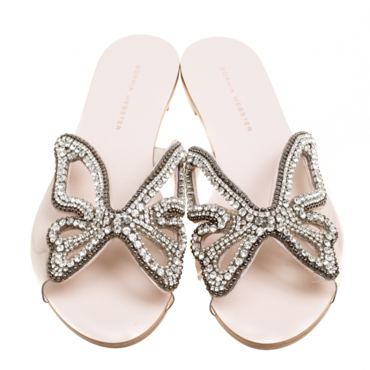مملوكة مسبقًا Sophia Webster Beige Butterfly Crystal Embellished Suede and PVC Madame Flat Sandals Size 37