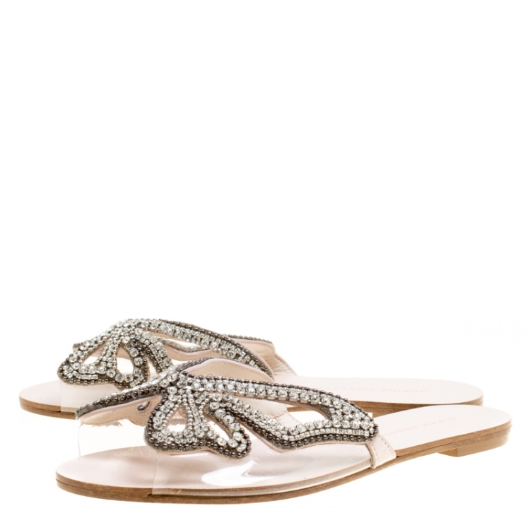 مملوكة مسبقًا Sophia Webster Beige Butterfly Crystal Embellished Suede and PVC Madame Flat Sandals Size 37