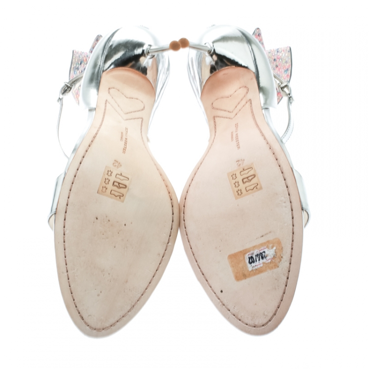 Pre Owned Sophia Webster Metallic Silver Leather Maya Crystal Embellished Bow Ankle Strap Sandals Size 42