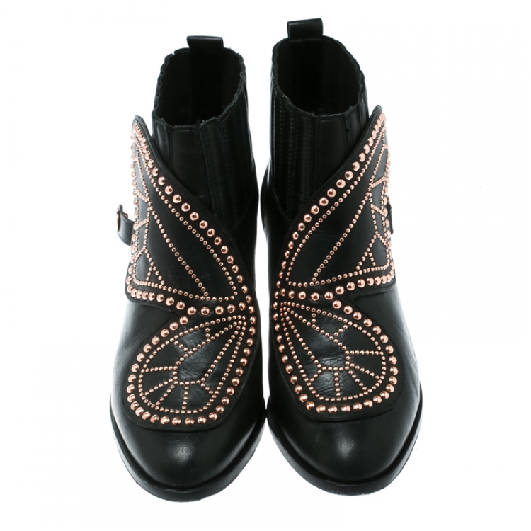 Pre Owned Sophia Webster Black Leather Karina Butterfly Studded Ankle Boots Size 37.5